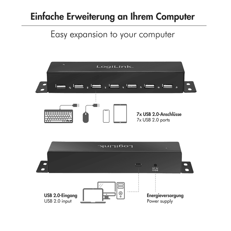 HUB extern LOGILINK, porturi USB: USB 2.0 x 7, conectare prin USB 2.0, metal, negru, "UA0148" — miniatură