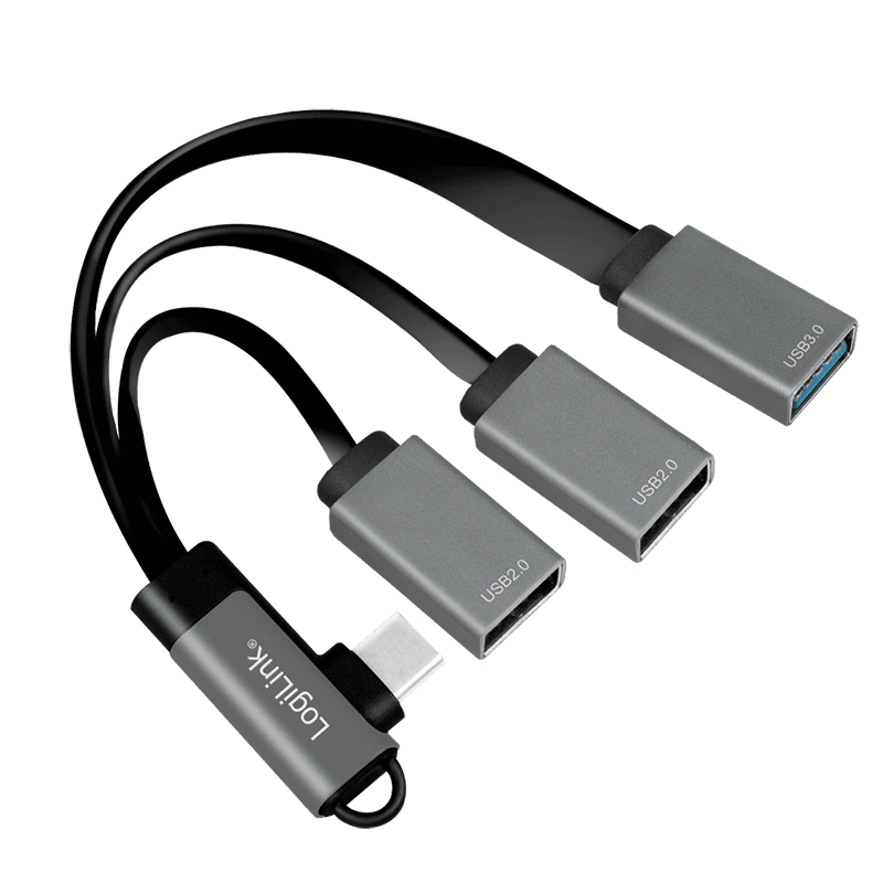 HUB extern LOGILINK, porturi USB: USB 2.0 x 2 + USB 3.0 x 1, conectare prin USB-C 3.2 Gen1 90 grade, 0.15m flat, aluminiu, ecranaj, negru-gri, "UA0361"