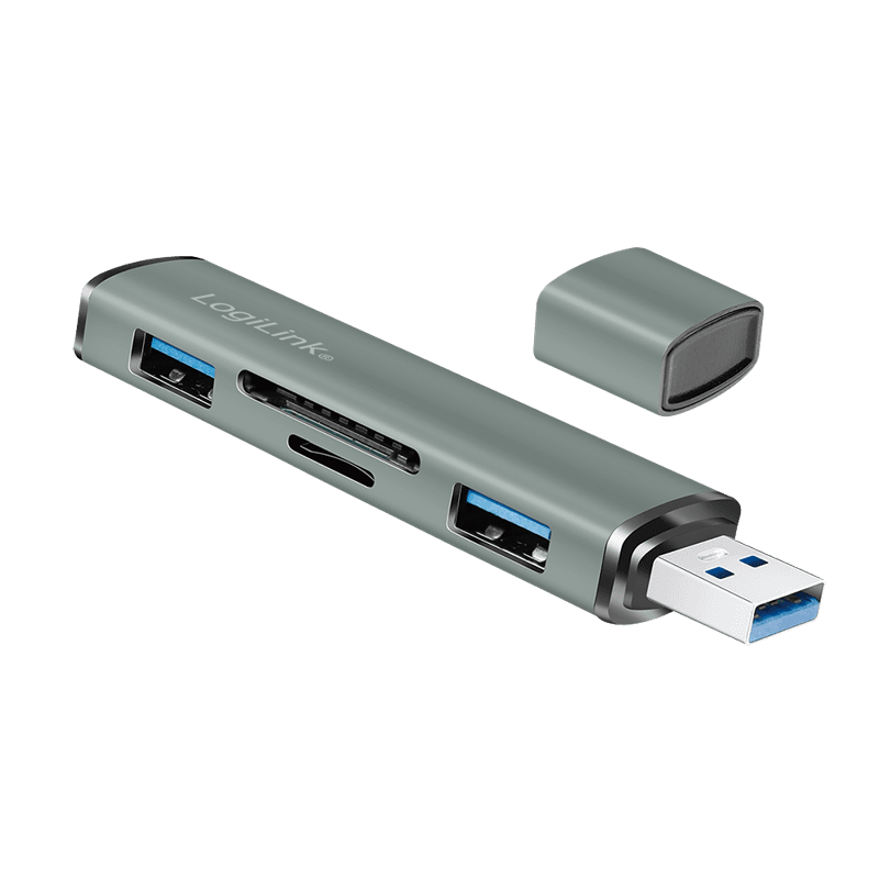 HUB extern LOGILINK, porturi USB: USB-A 3.2 x 2, conectare prin USB-A, aluminiu, prot. supracurent, supratensiune, card reader, gri, "UA0394"