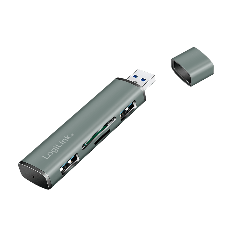 HUB extern LOGILINK, porturi USB: USB-A 3.2 x 2, conectare prin USB-A, aluminiu, prot. supracurent, supratensiune, card reader, gri, "UA0394" — miniatură