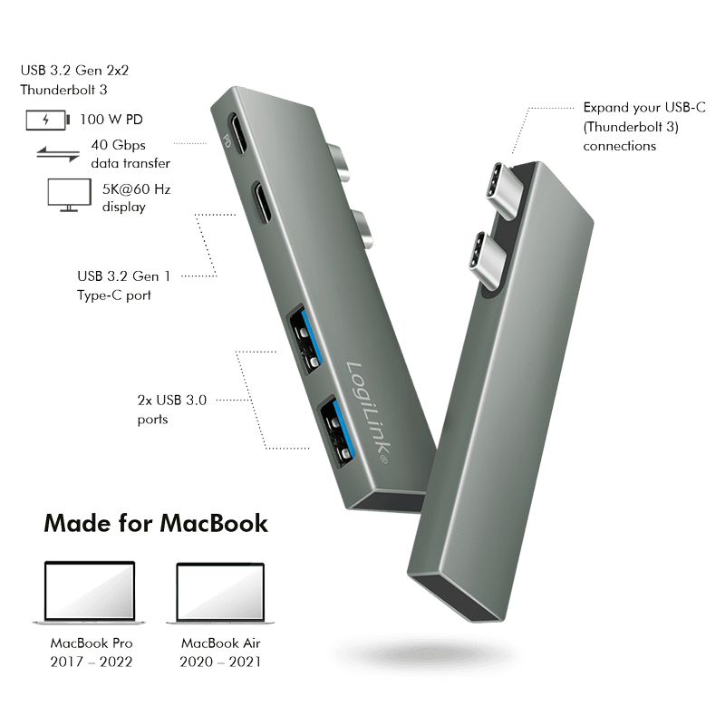 HUB extern LOGILINK, porturi USB: USB-C 3.2 (Thunderbolt3) PD 100W x 1 + USB-C x 1, USB-A 3.0 x 2, conectare prin USB-C, aluminiu, argintiu, "UA0399" — miniatură