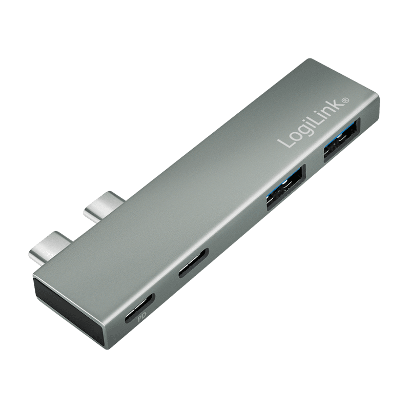 HUB extern LOGILINK, porturi USB: USB-C 3.2 (Thunderbolt3) PD 100W x 1 + USB-C x 1, USB-A 3.0 x 2, conectare prin USB-C, aluminiu, argintiu, "UA0399" — miniatură