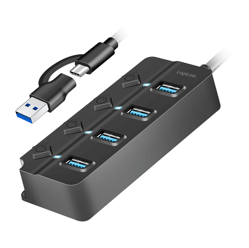 HUB extern LOGILINK, porturi USB: USB-A 3.2 Gen2 x 4, conectare prin 2in1 USB-C/USB-A, prot. supracurent, supratensiune, suprasarcina, ON/OFF x 4, negru, "UA0419"