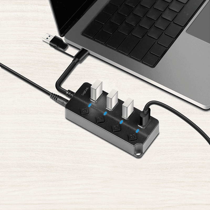 HUB extern LOGILINK, porturi USB: USB-A 3.2 Gen2 x 4, conectare prin 2in1 USB-C/USB-A, prot. supracurent, supratensiune, suprasarcina, ON/OFF x 4, negru, "UA0419" — miniatură