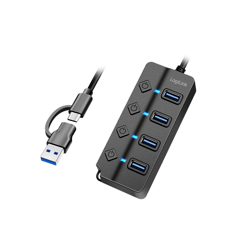 HUB extern LOGILINK, porturi USB: USB-A 3.2 Gen2 x 4, conectare prin 2in1 USB-C/USB-A, prot. supracurent, supratensiune, suprasarcina, ON/OFF x 4, negru, "UA0419" — miniatură