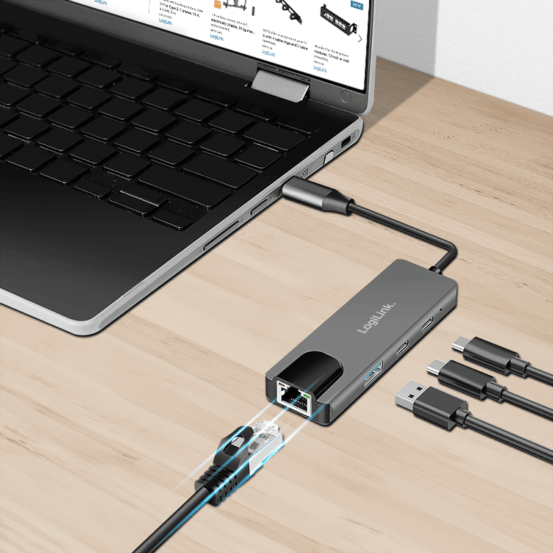 HUB extern LOGILINK, porturi USB: USB-A 3.0 x 1 + USB-C 2.0 x 3, RJ45 x 1, conectare prin USB-C, aluminiu, gri, "UA0432" — miniatură