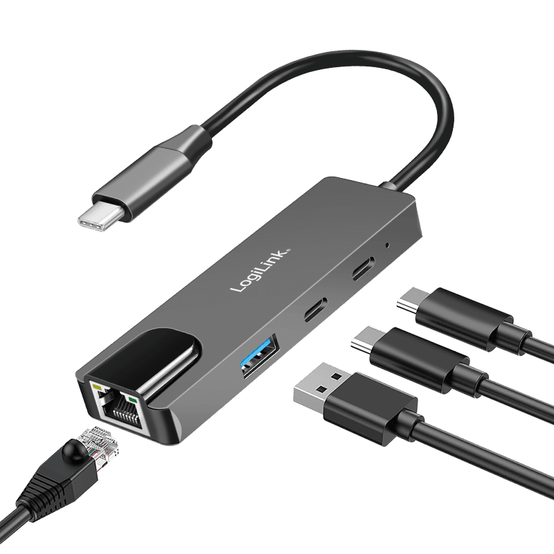 HUB extern LOGILINK, porturi USB: USB-A 3.0 x 1 + USB-C 2.0 x 3, RJ45 x 1, conectare prin USB-C, aluminiu, gri, "UA0432" — miniatură