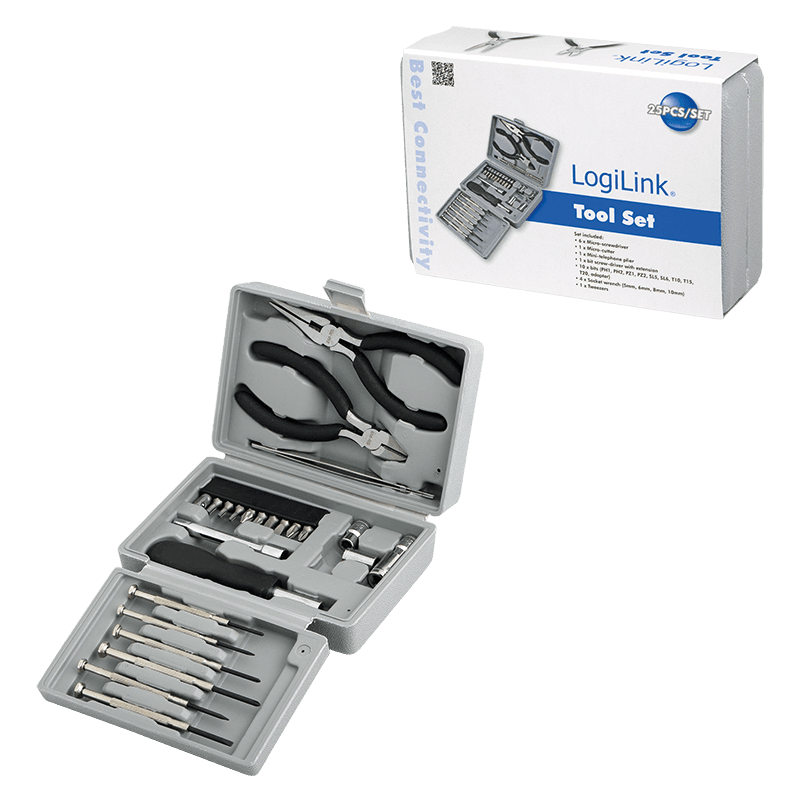 TRUSA scule LOGILINK, set: 6x micro surubelnite, 1x cutter, 1x cleste pt. telefon, 1x surubelnita cu prelungire, 10x biti (PH1, PH2, PZ1, PZ2, PZ5, PZ6, T10, T15, T20, adaptor), 4x chei tubulare (5mm, 6mm, 8mm, 10mm), 1x penseta, "WZ0023" — miniatură