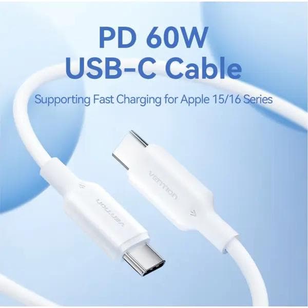 Cablu alimentare si date Vention, USB Type-C (T) la USB Type-C (T), 1m, 480 Mbps, 60W, PVC, alb, "TRCWF" -6922794783348 — miniatură