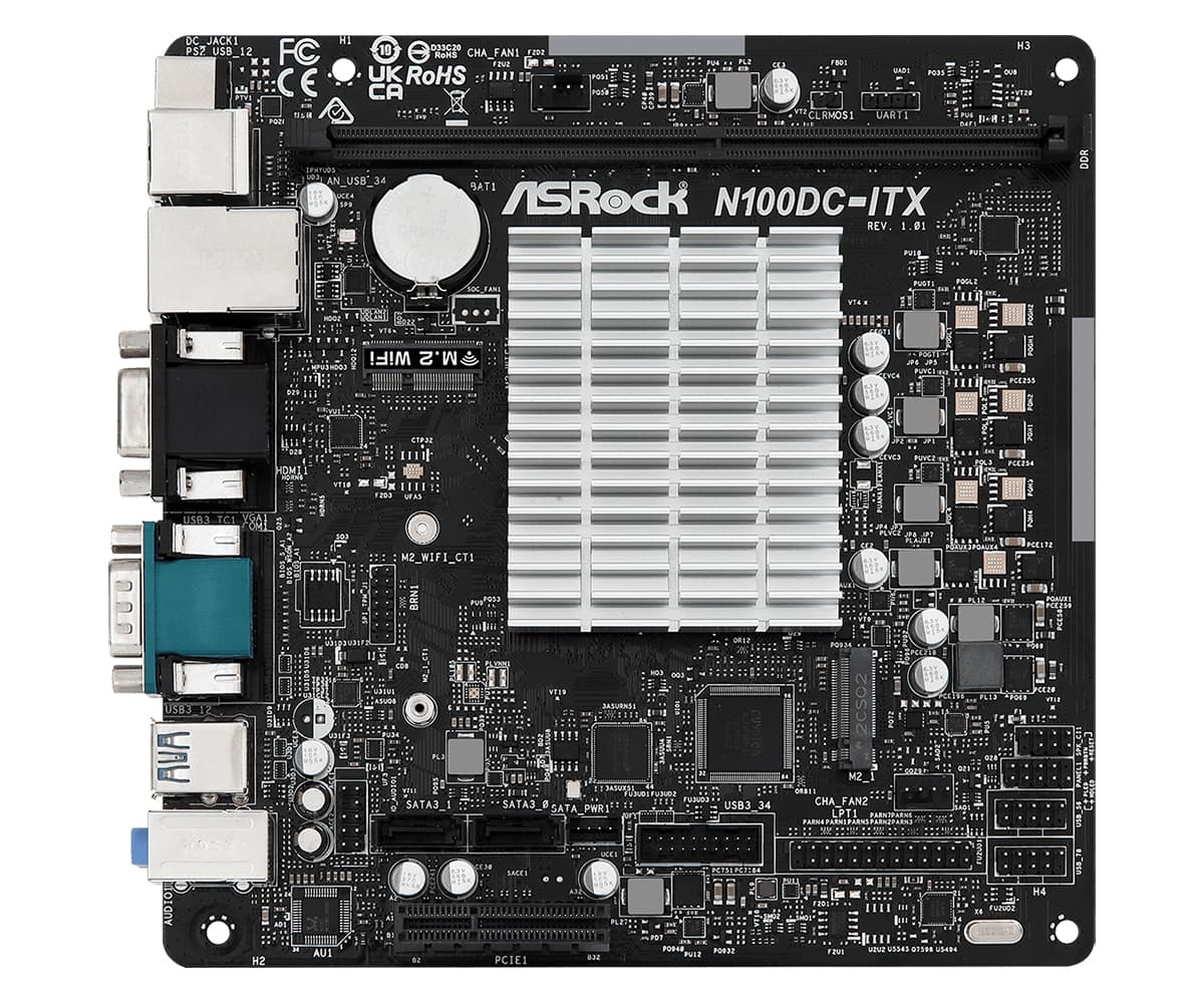 Placa de baza ASRock N100DC-ITX Intel N100 CPU(3,4GHz) mATX HDMI/VGA DDR4 retail "90-MXBLM0-A0UAYZ" — miniatură