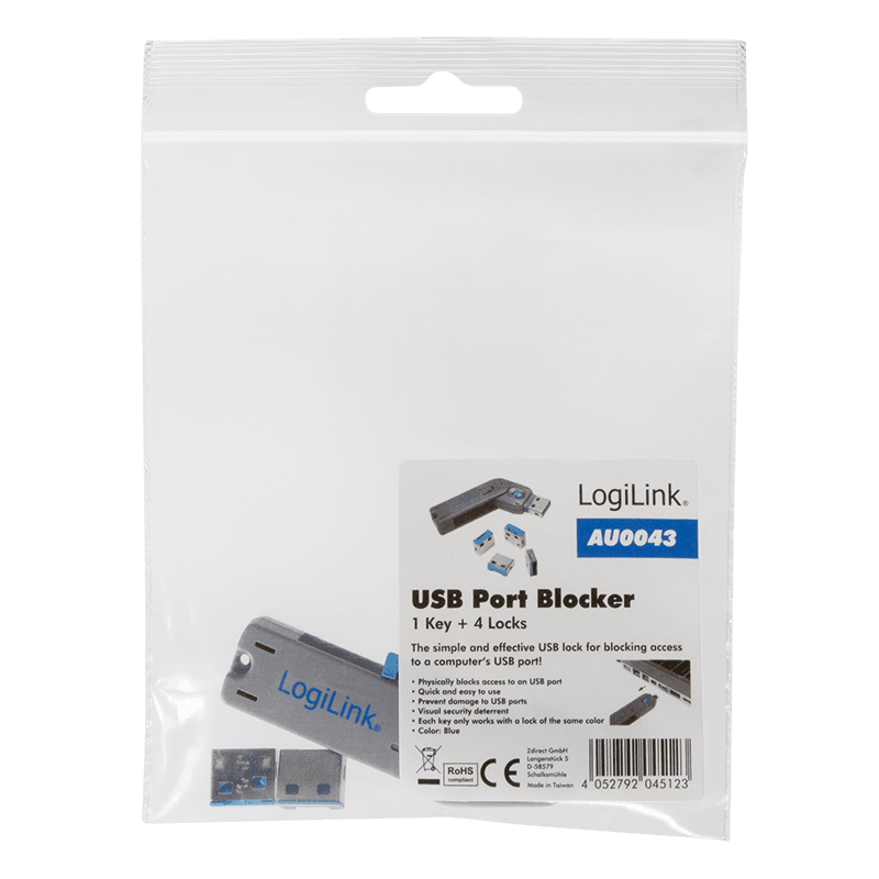 PORT Blocker LOGILINK, USB-A, 1buc. contine 1 cheie + 4 incuietori, "incuietori de USB", blue, "AU0043" — miniatură