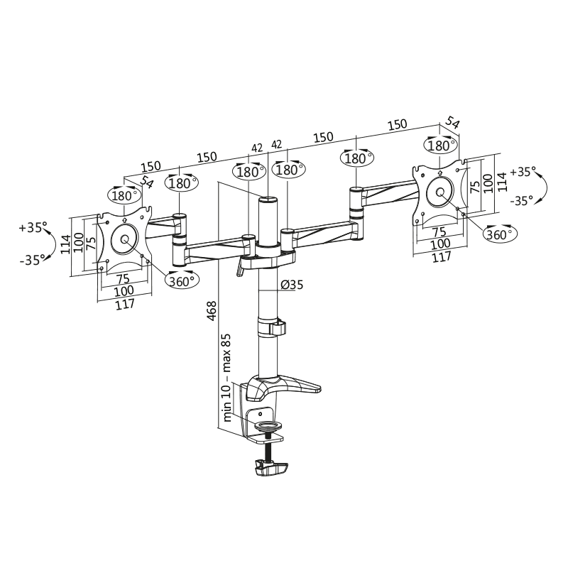 SUPORT de birou LOGILINK, pt 2 TV/monitor plat, diag. max 27 inch, rotatie, inclinare, pivotare, orizontala, verticala, totala, max 8 Kg x 2, negru-gri, "BP0077" — miniatură