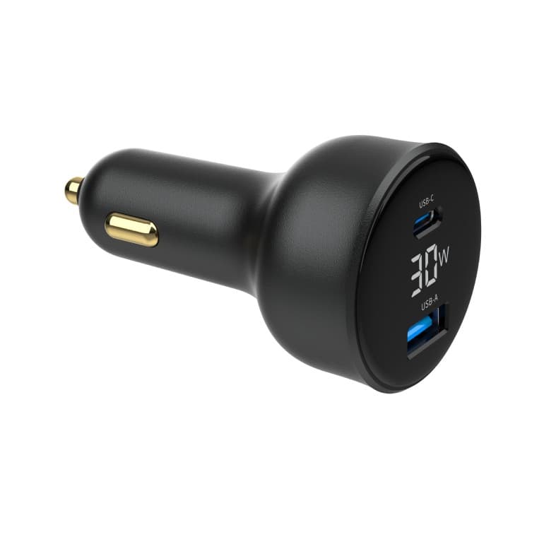 ALIMENTATOR auto GEMBIRD, 1 x USB-A QC3.0 max 30W + 1 x USB-C PD max 30W, LCD, pt. bricheta auto, black, "TA-UC-AC2PD30LCD-CAR-01" — miniatură