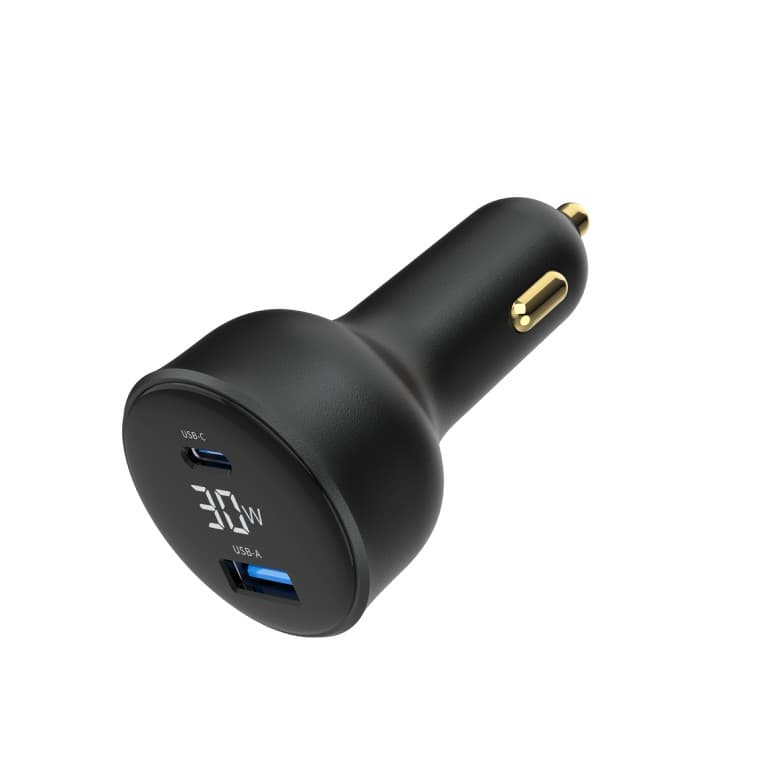 ALIMENTATOR auto GEMBIRD, 1 x USB-A QC3.0 max 30W + 1 x USB-C PD max 30W, LCD, pt. bricheta auto, black, "TA-UC-AC2PD30LCD-CAR-01" — miniatură