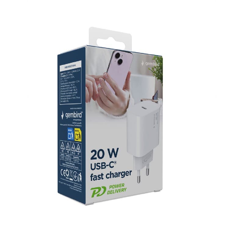 ALIMENTATOR retea 220V GEMBIRD, universal, 1 x USB-C 3A, max. 20W, protectie: scurtcircuit, supraincarcare, supratensiune, supraincalzire, alb, "TA-UC-PD20-01-W" — miniatură