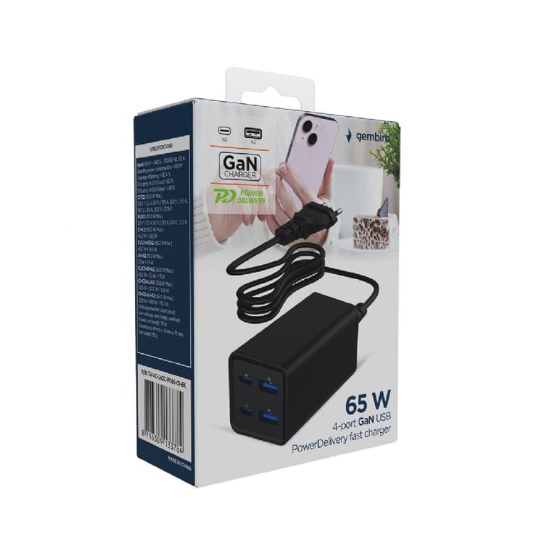 ALIMENTATOR retea 220V GEMBIRD, universal, 2 x USB-A + 2 x USB-C 3A, max. 65W PD GaN, protectie: scurtcircuit, supraincarcare, supratensiune, supraincalzire, cablu 1.5m, negru, "TA-UC-2A2C-PD65-01-BK" — miniatură