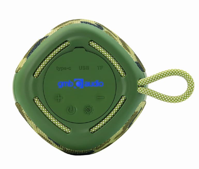 BOXE GEMBIRD portabile bluetooth, RMS: 5W, baterie 1200mAh, microSD, USB, FM-radio, LED light, BT v5.1, 111x111x134mm, 530 grame, camo, "SPK-BT-LED-03-CM" — miniatură