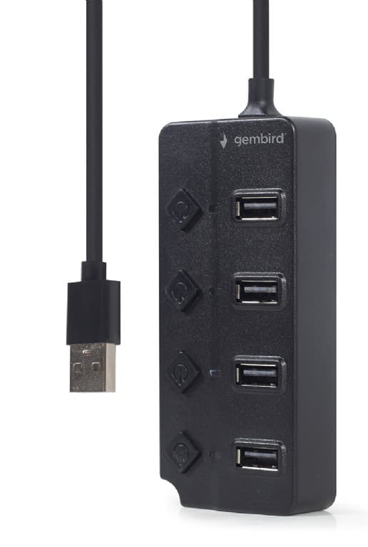 HUB extern GEMBIRD, porturi USB: USB-A 2.0 x 4, conectare prin USB-A 2.0, cablu 0.80 m, negru, "UHB-U2P4P-01"