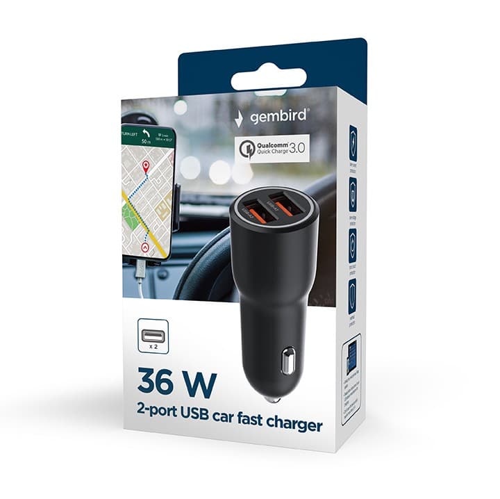 ALIMENTATOR auto GEMBIRD, 2 x USB-A QC3.0 max 18W, pt. bricheta auto, black, "TA-UC-A2QC36-CAR-01" — miniatură