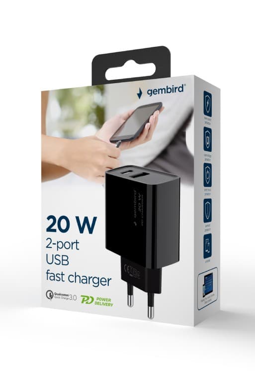 ALIMENTATOR retea 220V GEMBIRD, universal, 1 x USB-A QC3.0 + 1 x USB-C 3A, max. 20W PD, protectie: scurtcircuit, supraincarcare, supratensiune, supraincalzire, negru, "TA-UC-PDQC20-01-BK" — miniatură