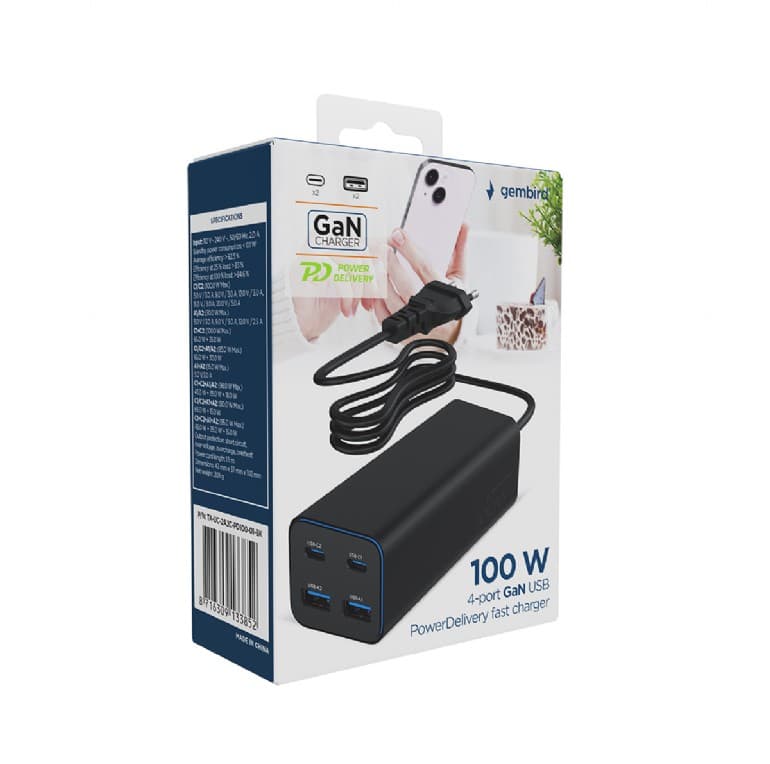 ALIMENTATOR retea 220V GEMBIRD, universal, 2 x USB-A + 2 x USB-C 3A, max. 100W PD GaN, protectie: scurtcircuit, supraincarcare, supratensiune, supraincalzire, cablu 1.5m, negru, "TA-UC-2A2C-PD100-01-BK" — miniatură