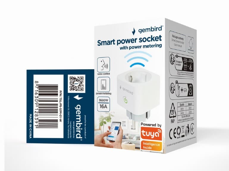 PRELUNGITOR GEMBIRD, Schuko x 1, WiFi, conectare prin Schuko (T), 16 A, 3680W, compatibil Tuya, alb, "TSL-PS-S1M-01-W" — miniatură