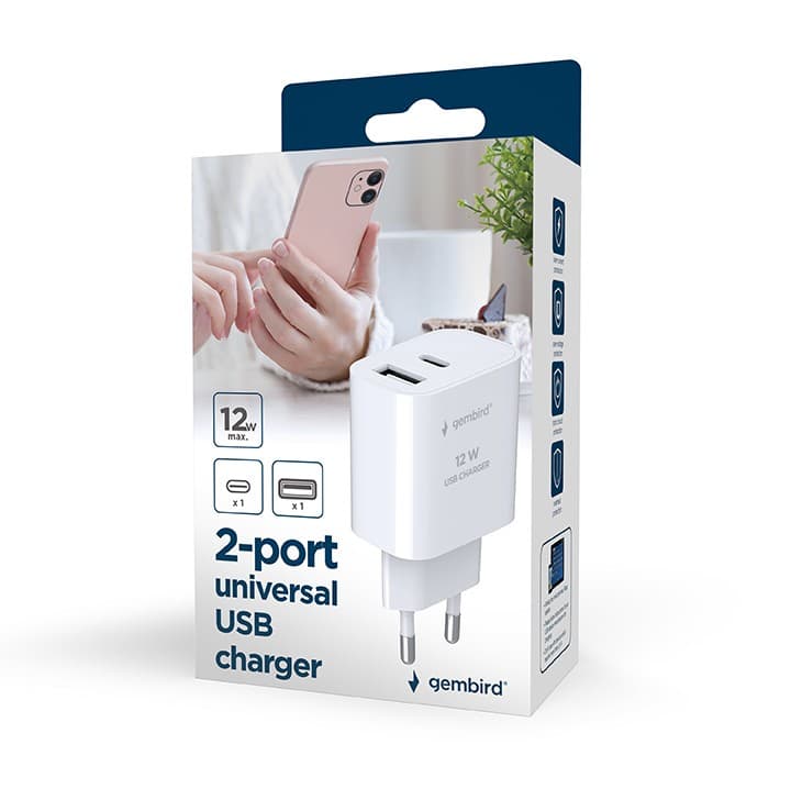 ALIMENTATOR retea 220V GEMBIRD, universal, 1 x USB Type-C 2.4A, 1 x USB-A maxim 2.4A, protectie: scurtcircuit, supraincarcare, alb, "TA-UC-2AC12-01" — miniatură