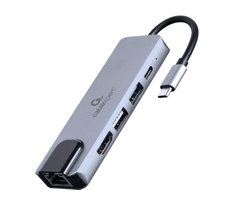 DOCKING Station Gembird universal, 5-in-1, conectare PC USB Type C, USB-C x 1, USB-A 3.1 x 1, USB-A 2.0 x 1, porturi video HDMI x 1, PD 87 W, RJ45 x 1, argintiu, "A-CM-COMBO5-04"
