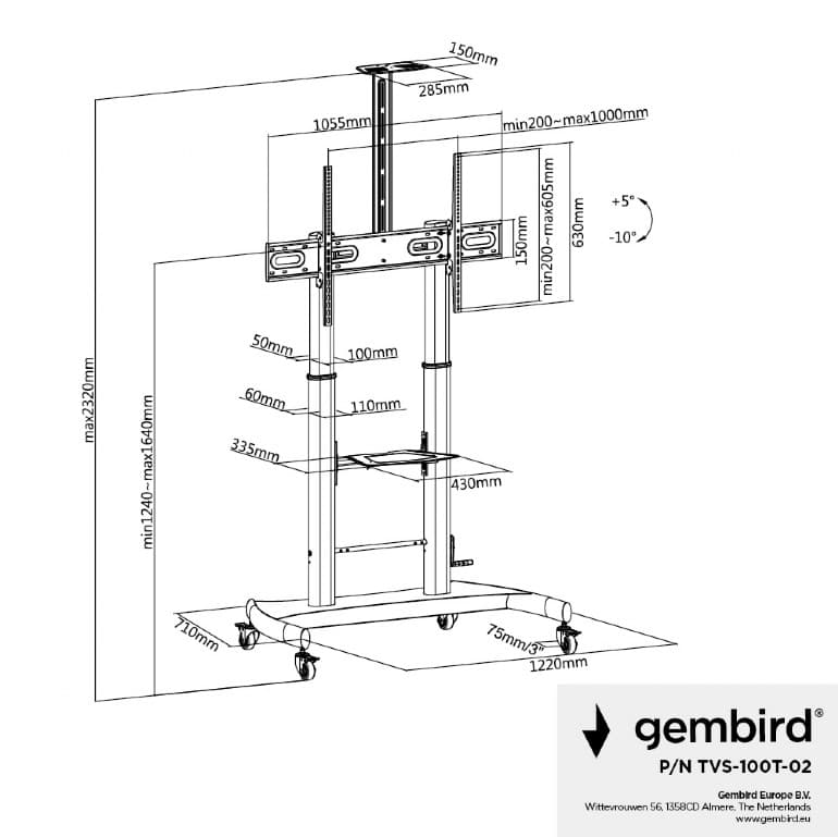 SUPORT de podea GEMBIRD, pt 1 TV/monitor, diag. max 60" - 100", max 100 kg, raft max 5 Kg, inclinare, roti, 1220x710x1920-2320mm, black, "TVS-100T-02" — miniatură