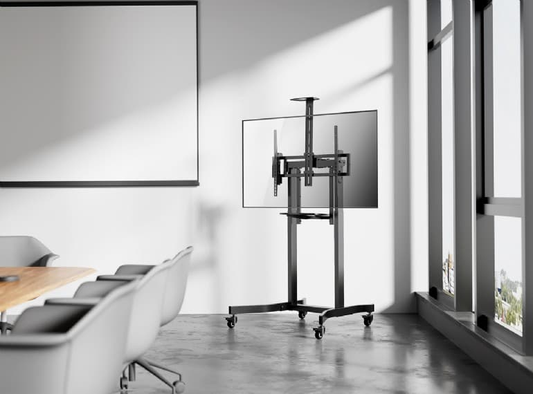 SUPORT de podea GEMBIRD, pt 1 TV/monitor, diag. max 55" - 100", max 120 kg, raft max 5 Kg, inclinare, roti, 1075x970x1445-2320mm, black, "TVS-100T-01" — miniatură