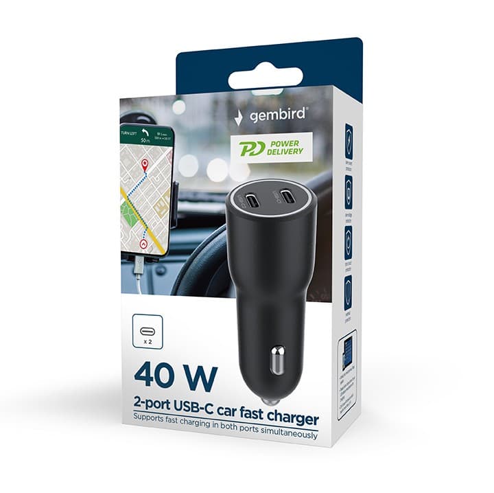ALIMENTATOR auto GEMBIRD, 2 x USB-C PD max 40W, pt. bricheta auto, black, "TA-UC-C2PD40-CAR-01" — miniatură
