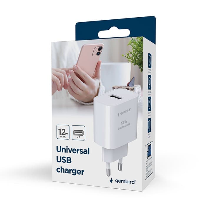 ALIMENTATOR retea 220V GEMBIRD, universal, 1 x USB-A 2.4A, max. 12W, protectie: scurtcircuit, supraincarcare, alb, "TA-UC-1A12-01" — miniatură