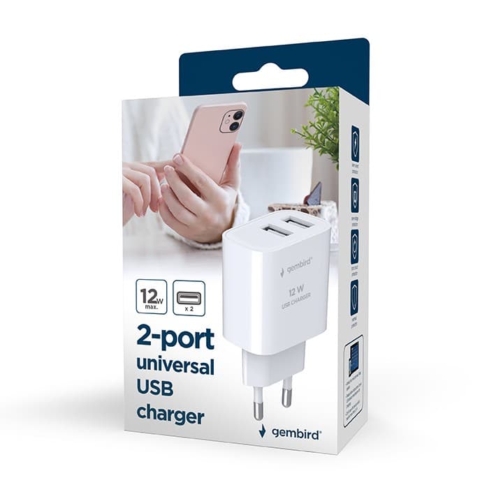 ALIMENTATOR retea 220V GEMBIRD, universal, 2 x USB-A 2.4A, max. 12W, protectie: scurtcircuit, supraincarcare, alb, "TA-UC-2A12-01" — miniatură