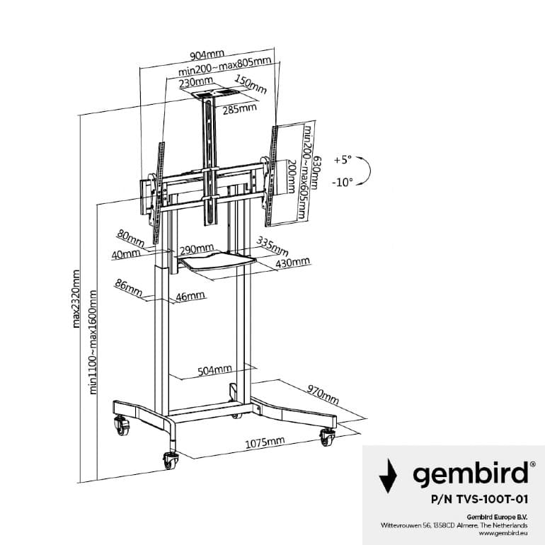 SUPORT de podea GEMBIRD, pt 1 TV/monitor, diag. max 55" - 100", max 120 kg, raft max 5 Kg, inclinare, roti, 1075x970x1445-2320mm, black, "TVS-100T-01" — miniatură