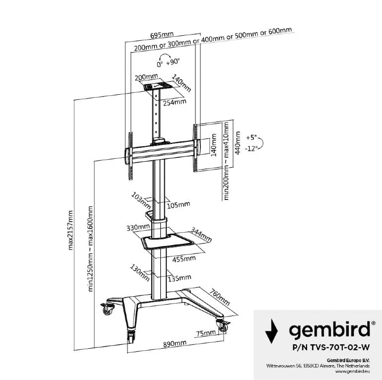 SUPORT de podea GEMBIRD, pt 1 TV/monitor, diag. max 37" - 70", max 70 kg, raft max 5 Kg, inclinare +5~-12 gr, rotatie 0-90 gr, roti, 772x648x2157mm, white, "TVS-70T-02-W" — miniatură