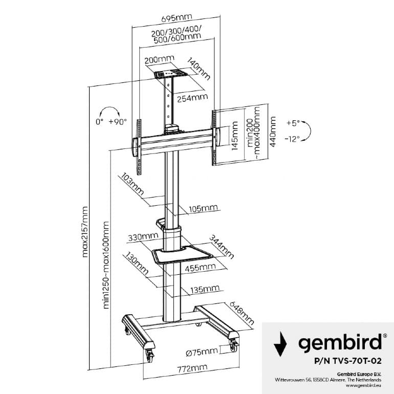 SUPORT de podea GEMBIRD, pt 1 TV/monitor, diag. max 37" - 70", max 70 kg, raft max 5 Kg, inclinare +5~-12 gr, rotatie 0-90 gr, roti, 772x648x2157mm, black, "TVS-70T-02" — miniatură