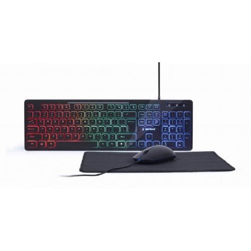 KIT wired GEMBIRD, 3-in1 desktop, tastatura multimedia 104 taste backlight + mouse optic 1000dpi 3 butoane rotita scroll + pad 300x250mm, cablu 1.5m, black "KBS-UML-01" — miniatură