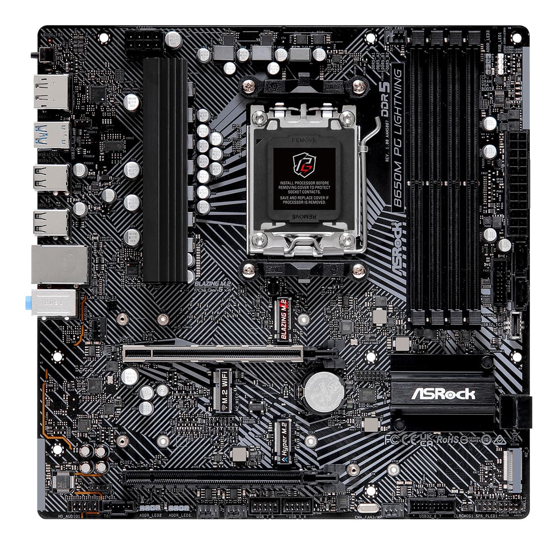 Placa de baza AsRock "B650M PG Lightning", skt. AM5, chipset AMD B650, mATX, 4 x DDR5 max. 192 GB, USB 3.2 gen 2, 4 x SATA, 2 x M.2, PCIe 4.0, HDMI, DisplayPort, "B650M PG LIGHTNING" — miniatură