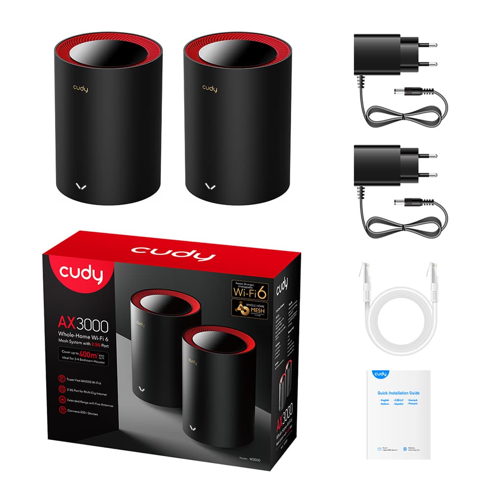 Cudy AX3000 Wi-Fi 6 Mesh 2.5G Solution 2-Pack, Dual-Band, Black "M3000/2-PACKV1.0" — miniatură
