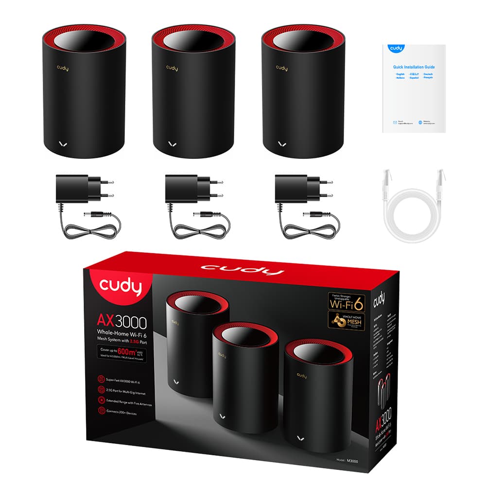 Cudy AX3000 Wi-Fi 6 Mesh 2.5G Solution 3-Pack, Dual-Band, Black "M3000/3-PACKV1.0" — miniatură
