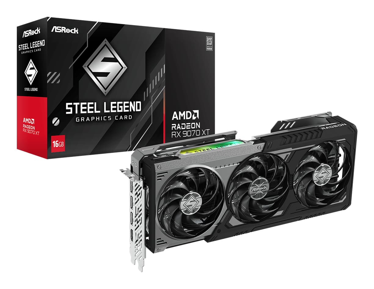 Placa video Asrock "AMD Radeon RX 9070 XT Steel Legend Dark", 16GB GDDR6, 256 bit, PCI-E 5.0, rez. Max 7680 x 4320, 3 x DisplayPort 2.1a, 1 x HDMI 2.1b, racire activa 3 x fan, "RX9070XT SLD 16GO" — miniatură