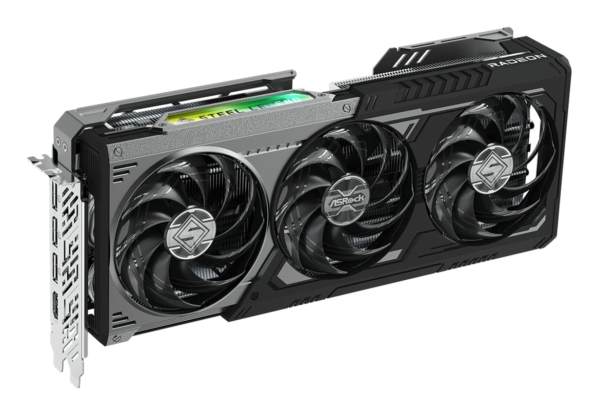 Placa video Asrock "AMD Radeon RX 9070 XT Steel Legend Dark", 16GB GDDR6, 256 bit, PCI-E 5.0, rez. Max 7680 x 4320, 3 x DisplayPort 2.1a, 1 x HDMI 2.1b, racire activa 3 x fan, "RX9070XT SLD 16GO" — miniatură