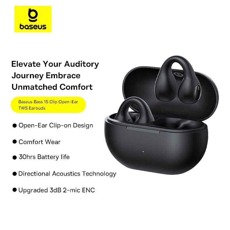 CASTI Baseus Bass 15 Clip Open-Ear TWS, pt smartphone, wireless, bluetooth 5.4, dual-mic pe casca, 7 ore durata baterie, negru "A00079500113-00" - 6932172674335 — miniatură