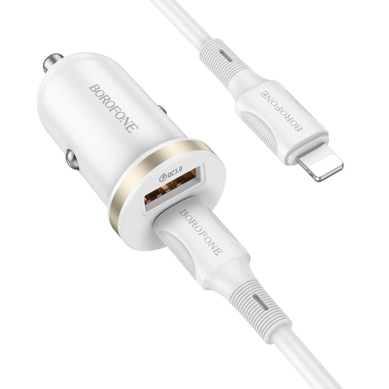 INCARCATOR auto Borofone "BZ22", pt. bricheta auto, 1 x USB max.18W, 1 x USB Type-C max 30W, putere totala 30W, include cablu USB Type-C la Iphone Lightning de 1m, alb "6941991105210" — miniatură