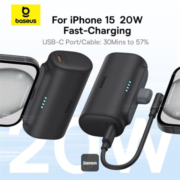 POWER BANK Baseus Compact, capacitate 5000mAh, 20W, conector integrat USB Type-C, negru, "P10068306113-00" - 6932172659509 — miniatură