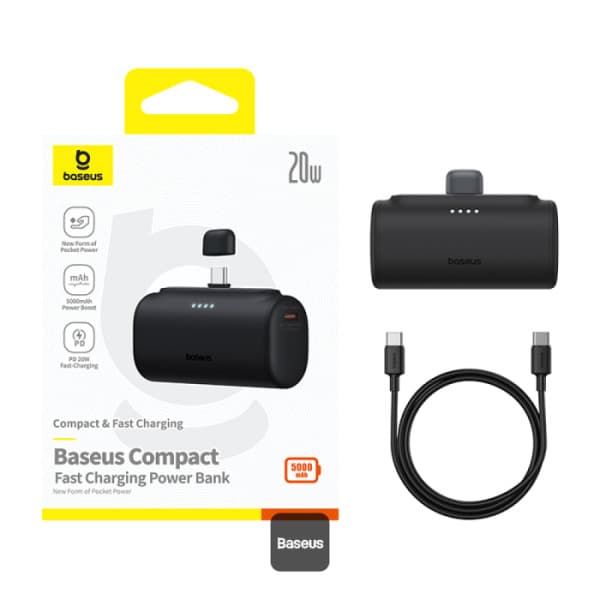 POWER BANK Baseus Compact, capacitate 5000mAh, 20W, conector integrat USB Type-C, negru, "P10068306113-00" - 6932172659509 — miniatură