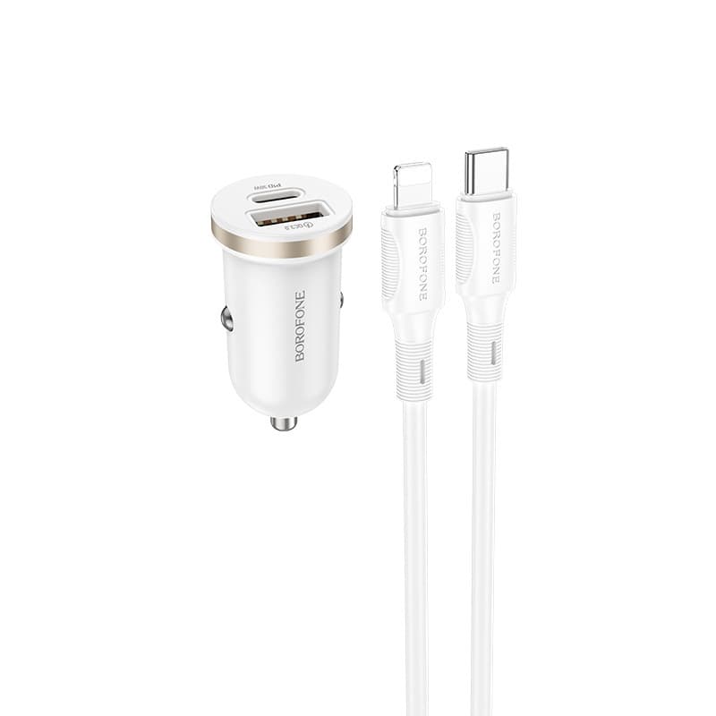 INCARCATOR auto Borofone "BZ22", pt. bricheta auto, 1 x USB max.18W, 1 x USB Type-C max 30W, putere totala 30W, include cablu USB Type-C la Iphone Lightning de 1m, alb "6941991105210"