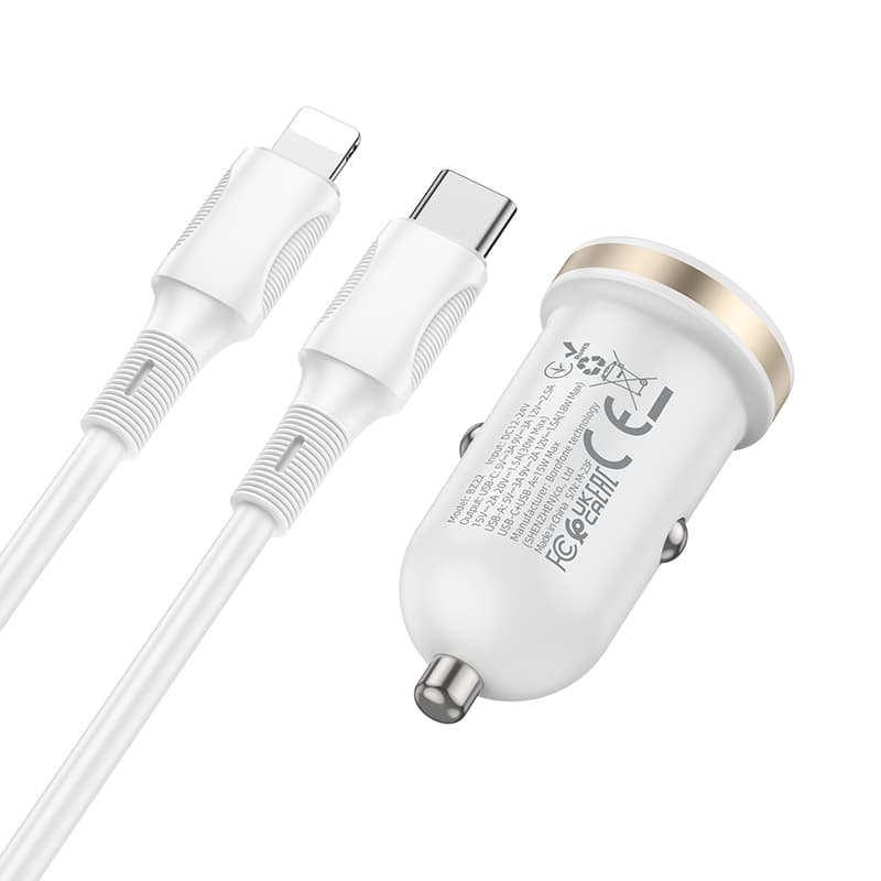 INCARCATOR auto Borofone "BZ22", pt. bricheta auto, 1 x USB max.18W, 1 x USB Type-C max 30W, putere totala 30W, include cablu USB Type-C la Iphone Lightning de 1m, alb "6941991105210" — miniatură