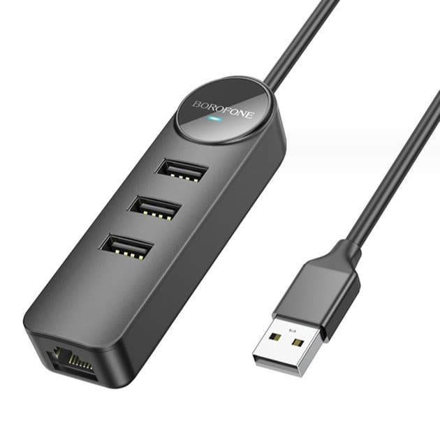 HUB extern Borofone "DH6", porturi USB: USB 2.0 x 3, RJ-45 x 1, conectare prin USB 2.0, lungime 120cm, negru "6941991104275"