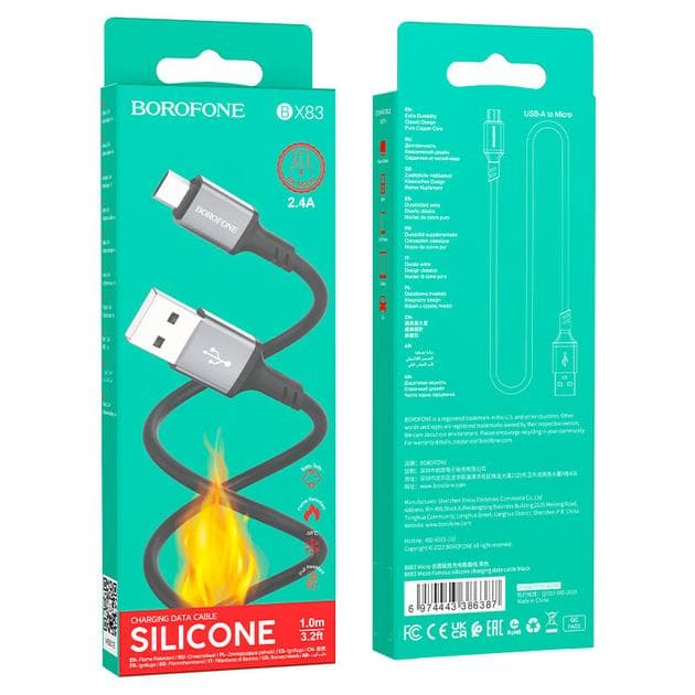 CABLU alimentare si date Borofone "BX83", Charging Data Cable pt. smartphone, USB la microUSB, 2.4A, 1m, negru "6974443386387" — miniatură